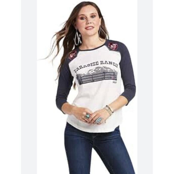 ARIAT Ladies Ranch Flowers Raglan Shirt Size Medium Cowgirl Western Classic Fit - Picture 1 of 9